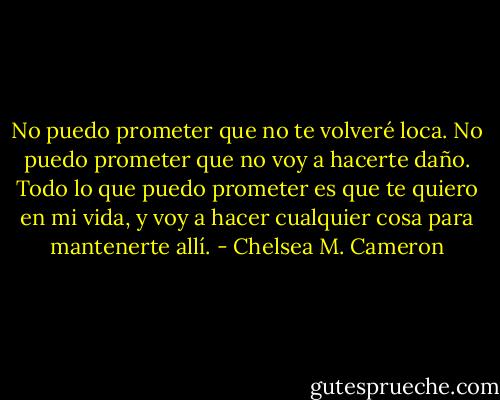 No puedo prometer que no te volveré loca. No puedo prometer que no voy a hacerte daño. Todo lo que puedo prometer es que te quiero en mi vida, y voy a hacer cualquier cosa para mantenerte allí. - Chelsea M. Cameron