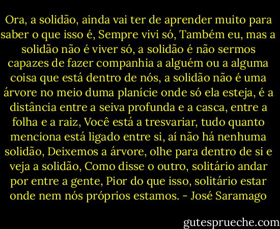 Ora, a solidão, ainda vai ter de aprender muito para saber o que isso é, Sempre vivi só, Também eu, mas a solidão não é viver só, a solidão é não sermos capazes de fazer companhia a alguém ou a alguma coisa que está dentro de nós, a solidão não é uma árvore no meio duma planície onde só ela esteja, é a distância entre a seiva profunda e a casca, entre a folha e a raiz, Você está a tresvariar, tudo quanto menciona está ligado entre si, aí não há nenhuma solidão, Deixemos a árvore, olhe para dentro de si e veja a solidão, Como disse o outro, solitário andar por entre a gente, Pior do que isso, solitário estar onde nem nós próprios estamos. - José Saramago