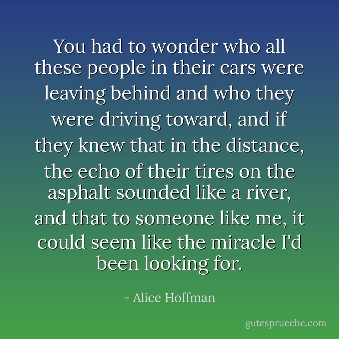 You had to wonder who all these people in their cars were leaving behind and who they were driving toward, and if they knew that in the distance, the echo of their tires on the asphalt sounded like a river, and that to someone like me, it could seem like the miracle I'd been looking for. - Alice Hoffman