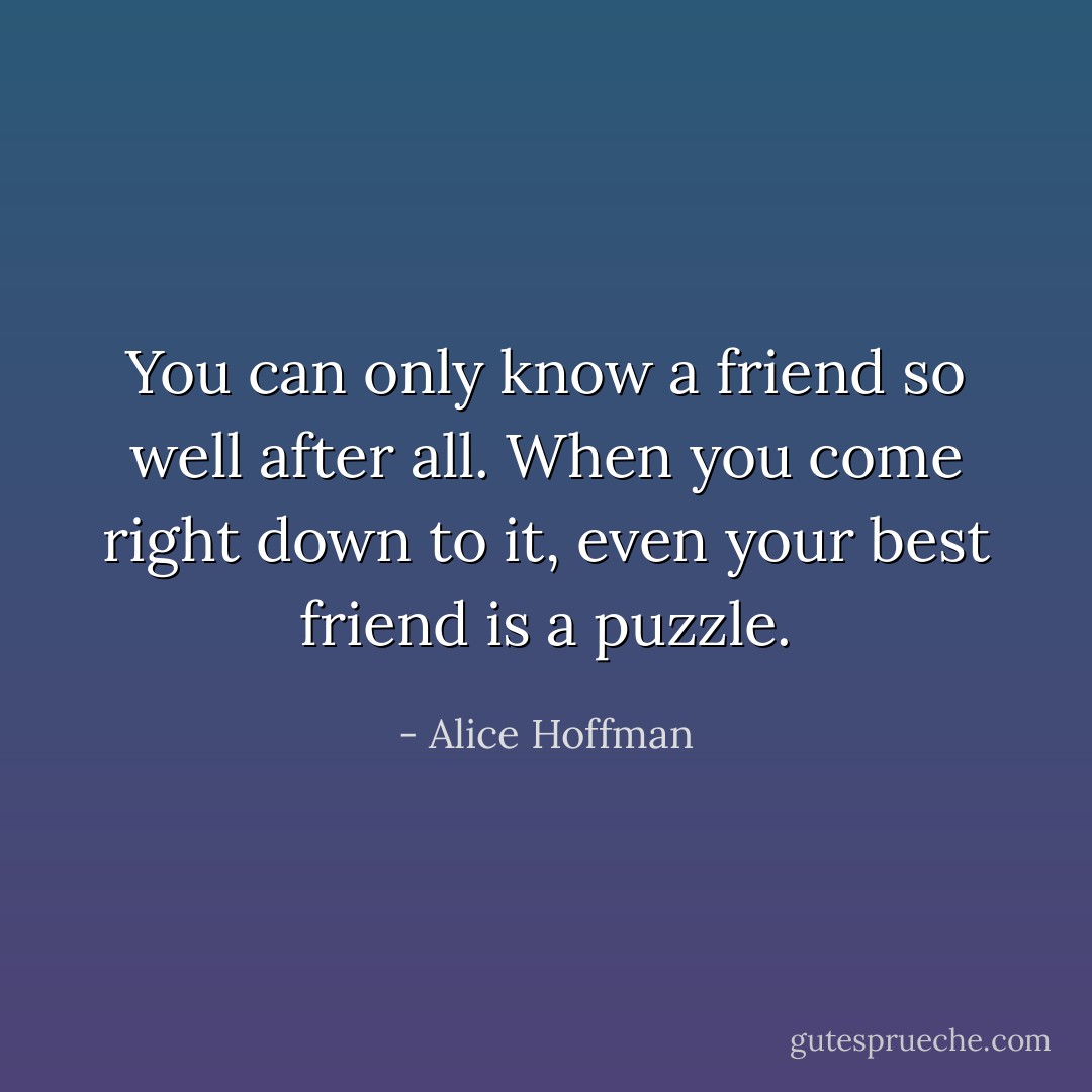 You can only know a friend so well after all. When you come right down to it, even your best friend is a puzzle. - Alice Hoffman