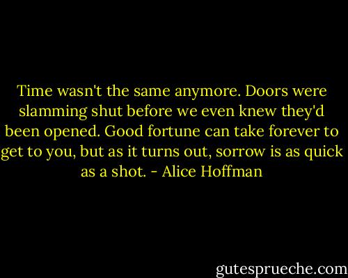 Time wasn't the same anymore. Doors were slamming shut before we even knew they'd been opened. Good fortune can take forever to get to you, but as it turns out, sorrow is as quick as a shot. - Alice Hoffman