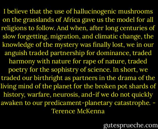 I believe that the use of hallucinogenic mushrooms on the grasslands of Africa gave us the model for all religions to follow. And when, after long centuries of slow forgetting, migration, and climatic change, the knowledge of the mystery was finally lost, we in our anguish traded partnership for dominance, traded harmony with nature for rape of nature, traded poetry for the sophistry of science. In short, we traded our birthright as partners in the drama of the living mind of the planet for the broken pot shards of history, warfare, neurosis, and-if we do not quickly awaken to our predicament-planetary catastrophe. - Terence McKenna