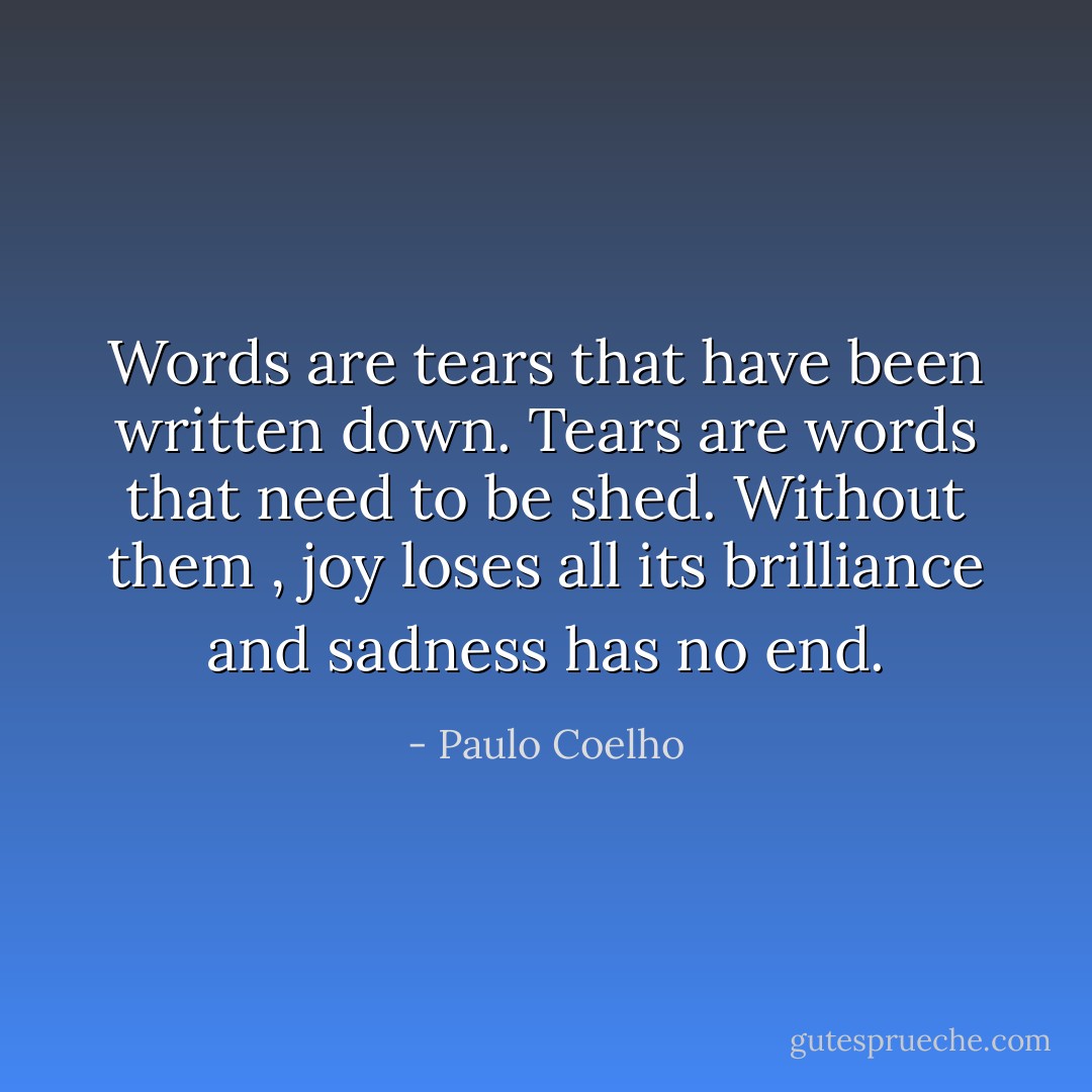 Words are tears that have been written down. Tears are words that need to be shed. Without them , joy loses all its brilliance and sadness has no end. - Paulo Coelho