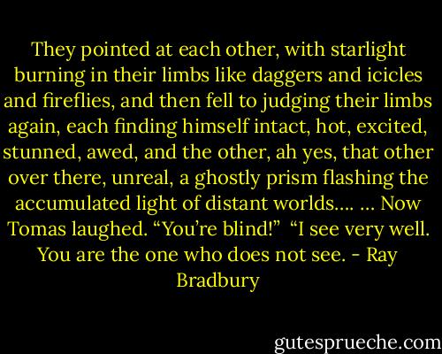 They pointed at each other, with starlight burning in their limbs like daggers and icicles and fireflies, and then fell to judging their limbs again, each finding himself intact, hot, excited, stunned, awed, and the other, ah yes, that other over there, unreal, a ghostly prism flashing the accumulated light of distant worlds….<br />…<br />Now Tomas laughed. “You’re blind!”<br /><br />“I see very well. You are the one who does not see. - Ray Bradbury