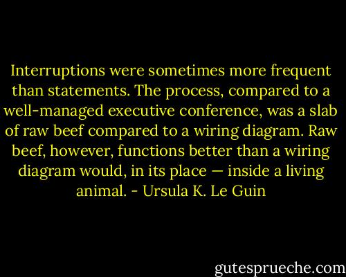 Interruptions were sometimes more frequent than statements. The process, compared to a well-managed executive conference, was a slab of raw beef compared to a wiring diagram. Raw beef, however, functions better than a wiring diagram would, in its place — inside a living animal. - Ursula K. Le Guin