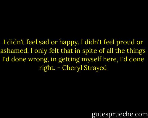 I didn't feel sad or happy. I didn't feel proud or ashamed. I only felt that in spite of all the things I'd done wrong, in getting myself here, I'd done right. - Cheryl Strayed