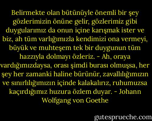Belirmekte olan bütünüyle önemli bir şey gözlerimizin önüne gelir, gözlerimiz gibi duygularımız da onun içine karışmak ister ve biz, ah tüm varlığımızla kendimizi ona vermeyi, büyük ve muhteşem tek bir duygunun tüm hazzıyla dolmayı özleriz. - Ah, oraya vardığımızdaysa, orası şimdi burası olmuşsa, her şey her zamanki haline bürünür, zavallılığımızın ve sınırlılığımızın içinde kalakalırız, ruhumuzsa kaçırdığımız huzura özlem duyar. - Johann Wolfgang von Goethe