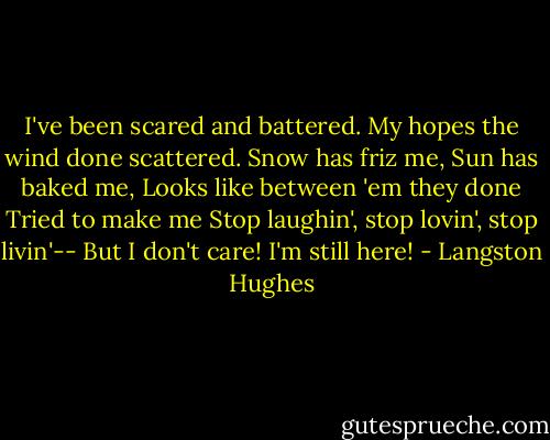 I've been scared and battered. My hopes the wind done scattered. Snow has friz me, Sun has baked me, Looks like between 'em they done Tried to make me Stop laughin', stop lovin', stop livin'-- But I don't care! I'm still here! - Langston Hughes
