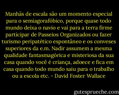 Manhãs de escala são um momento especial para o semiagorafóbico, porque quase todo mundo deixa o navio e vai para a terra firme participar de Passeios Organizados ou fazer turismo peripatético espontâneo e os conveses superiores da e.m. Nadir assumem a mesma qualidade fantasmagórica e misteriosa da sua casa quando você é criança, adoece e fica em casa quando todo mundo saiu para o trabalho ou a escola etc. - David Foster Wallace