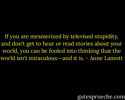 If you are mesmerized by televised stupidity, and don't get to hear or read stories about your world, you can be fooled into thinking that the world isn't miraculous--and it is. - Anne Lamott