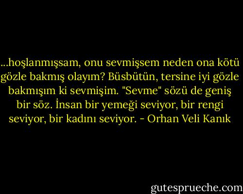 ...hoşlanmışsam, onu sevmişsem neden ona kötü gözle bakmış olayım? Büsbütün, tersine iyi gözle bakmışım ki sevmişim. "Sevme" sözü de geniş bir söz. İnsan bir yemeği seviyor, bir rengi seviyor, bir kadını seviyor. - Orhan Veli Kanık
