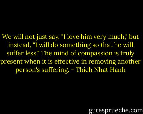 We will not just say, "I love him very much," but instead, "I will do something so that he will suffer less." The mind of compassion is truly present when it is effective in removing another person's suffering. - Thich Nhat Hanh