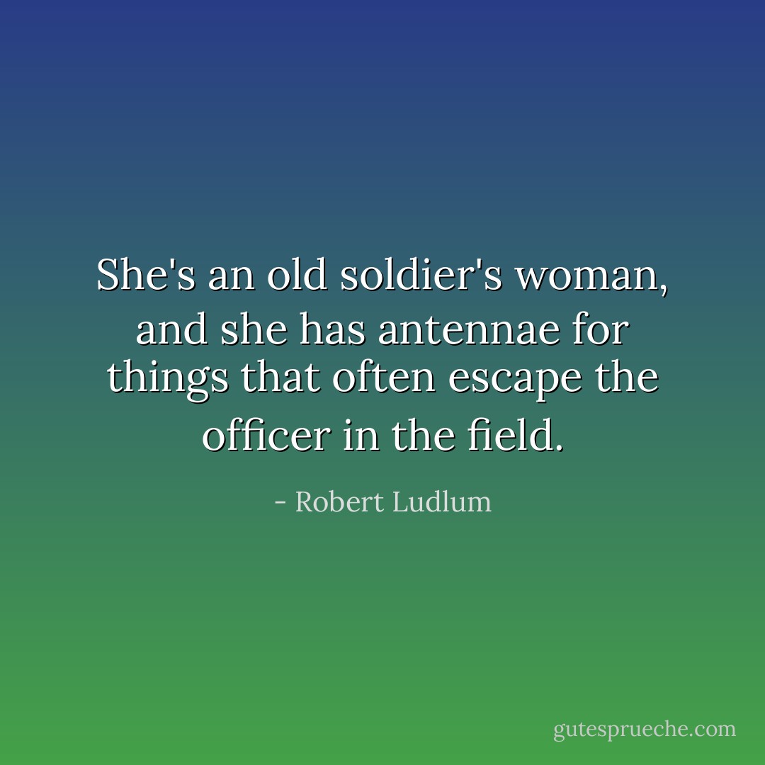She's an old soldier's woman, and she has antennae for things that often escape the officer in the field. - Robert Ludlum