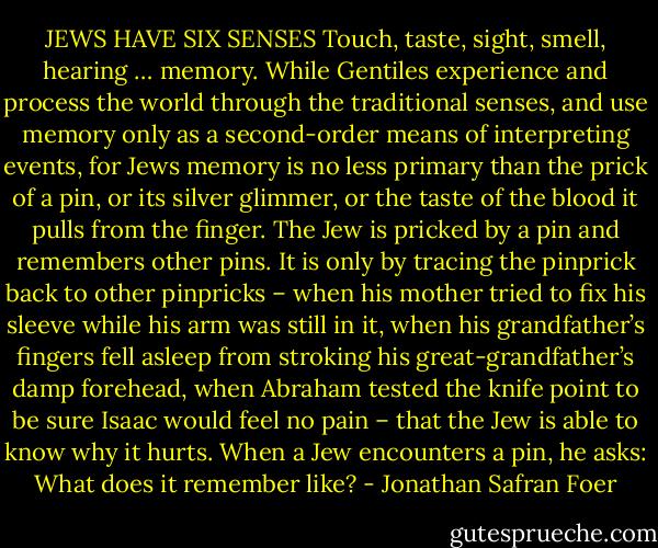 JEWS HAVE SIX SENSES<br />Touch, taste, sight, smell, hearing … memory. While Gentiles experience and process the world through the traditional senses, and use memory only as a second-order means of interpreting events, for Jews memory is no less primary than the prick of a pin, or its silver glimmer, or the taste of the blood it pulls from the finger. The Jew is pricked by a pin and remembers other pins. It is only by tracing the pinprick back to other pinpricks – when his mother tried to fix his sleeve while his arm was still in it, when his grandfather’s fingers fell asleep from stroking his great-grandfather’s damp forehead, when Abraham tested the knife point to be sure Isaac would feel no pain – that the Jew is able to know why it hurts.<br />When a Jew encounters a pin, he asks: What does it remember like? - Jonathan Safran Foer