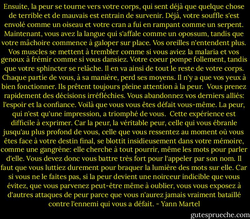 Ensuite, la peur se tourne vers votre corps, qui sent déjà que quelque chose de terrible et de mauvais est entrain de survenir. Déjà, votre souffle s'est envolé comme un oiseau et votre cran a fui en rampant comme un serpent. Maintenant, vous avez la langue qui s'affale comme un opossum, tandis que votre mâchoire commence à galoper sur place. Vos oreilles n'entendent plus. Vos muscles se mettent à trembler comme si vous aviez la malaria et vos genoux à frémir comme si vous dansiez. Votre coeur pompe follement, tandis que votre sphincter se relâche. Il en va ainsi de tout le reste de votre corps. Chaque partie de vous, à sa manière, perd ses moyens. Il n'y a que vos yeux à bien fonctionner. Ils prêtent toujours pleine attention à la peur.<br /><br />Vous prenez rapidement des décisions irréfléchies. Vous abandonnez vos derniers alliés: l'espoir et la confiance. Voilà que vous vous êtes défait vous-même. La peur, qui n'est qu'une impression, a triomphé de vous.<br /><br />Cette expérience est difficile à exprimer. Car la peur, la véritable peur, celle qui vous ébranle jusqu'au plus profond de vous, celle que vous ressentez au moment où vous êtes face à votre destin final, se blottit insidieusement dans votre mémoire, comme une gangrène: elle cherche à tout pourrir, même les mots pour parler d'elle. Vous devez donc vous battre très fort pour l'appeler par son nom. Il faut que vous luttiez durement pour braquer la lumière des mots sur elle. Car si vous ne le faites pas, si la peur devient une noirceur indicible que vous évitez, que vous parvenez peut-être même à oublier, vous vous exposez à d'autres attaques de peur parce que vous n'aurez jamais vraiment bataillé contre l'ennemi qui vous a défait. - Yann Martel
