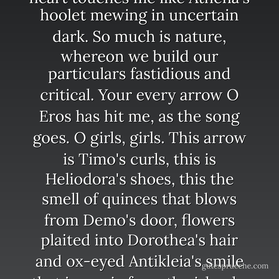 A pettos speckled with gold ajiggle with a fremitus from the heart touches me like Athena's hoolet mewing in uncertain dark. So much is nature, whereon we build our particulars fastidious and critical. <i>Your every arrow O Eros has hit me</i>, as the song goes. O girls, girls. This arrow is Timo's curls, this is Heliodora's shoes, this the smell of quinces that blows from Demo's door, flowers plaited into Dorothea's hair and ox-eyed Antikleia's smile that is music from the islands, summer's stars. - Guy Davenport
