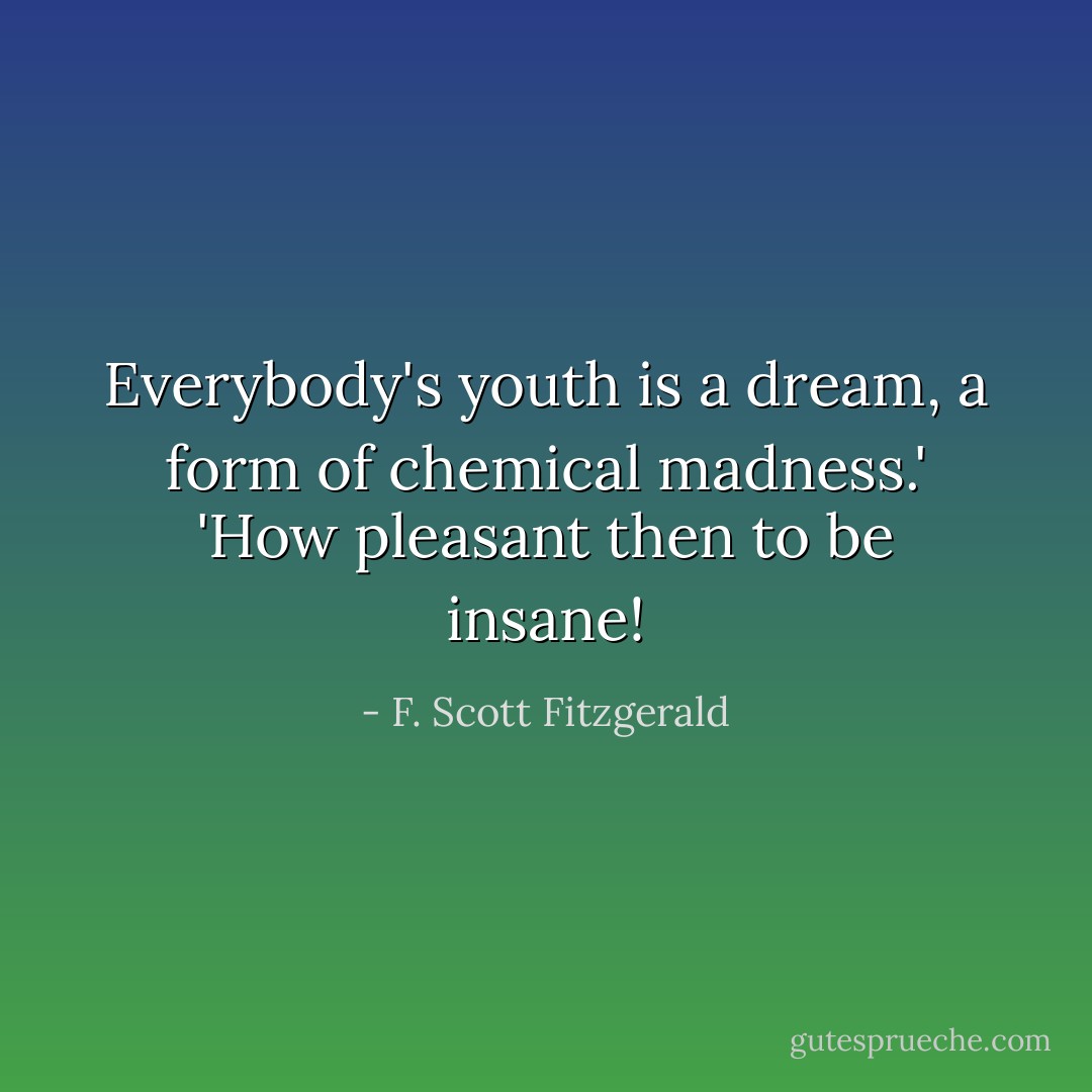 Everybody's youth is a dream, a form of chemical madness.'<br />'How pleasant then to be insane! - F. Scott Fitzgerald