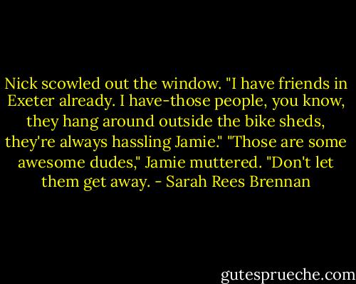 Nick scowled out the window. "I have friends in Exeter already. I have-those people, you know, they hang around outside the bike sheds, they're always hassling Jamie."<br />"Those are some awesome dudes," Jamie muttered. "Don't let them get away. - Sarah Rees Brennan