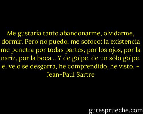 Me gustaría tanto abandonarme, olvidarme, dormir. Pero no puedo, me sofoco: la existencia me penetra por todas partes, por los ojos, por la nariz, por la boca...<br />Y de golpe, de un sólo golpe, el velo se desgarra, he comprendido, he visto. - Jean-Paul Sartre