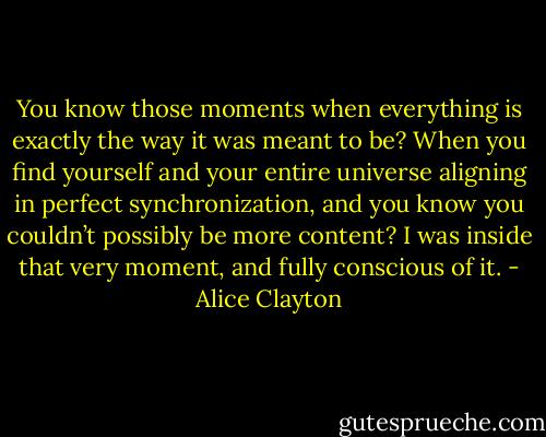 You know those moments when everything is exactly the way it was meant to be? When you find yourself and your entire universe aligning in perfect synchronization, and you know you couldn’t possibly be more content? I was inside that very moment, and fully conscious of it. - Alice Clayton