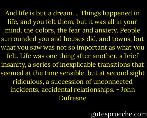 And life is but a dream.... Things happened in life, and you felt them, but it was all in your mind, the colors, the fear and anxiety. People surrounded you and houses did, and towns, but what you saw was not so important as what you felt. Life was one thing after another, a brief insanity, a series of inexplicable transitions that seemed at the time sensible, but at second sight ridiculous, a succession of unconnected incidents, accidental relationships. - John Dufresne