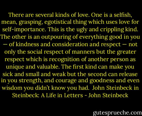 There are several kinds of love. One is a selfish, mean, grasping, egotistical thing which uses love for self-importance. This is the ugly and crippling kind. The other is an outpouring of everything good in you — of kindness and consideration and respect — not only the social respect of manners but the greater respect which is recognition of another person as unique and valuable. The first kind can make you sick and small and weak but the second can release in you strength, and courage and goodness and even wisdom you didn’t know you had.<br /><br />John Steinbeck in Steinbeck: A Life in Letters - John Steinbeck