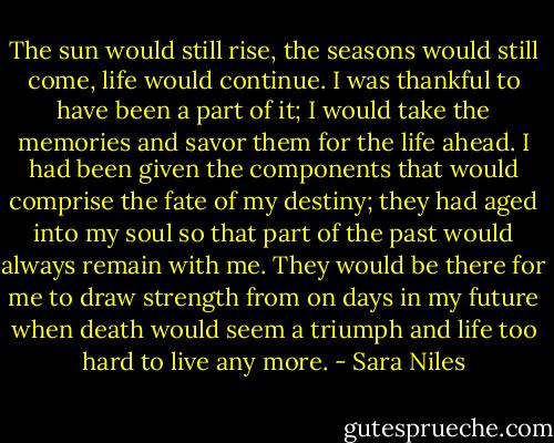 The sun would still rise, the seasons would still come, life would continue. I was thankful to have been a part of it; I would take the memories and savor them for the life ahead. I had been given the components that would comprise the fate of my destiny; they had aged into my soul so that part of the past would always remain with me. They would be there for me to draw strength from on days in my future when death would seem a triumph and life too hard to live any more. - Sara Niles