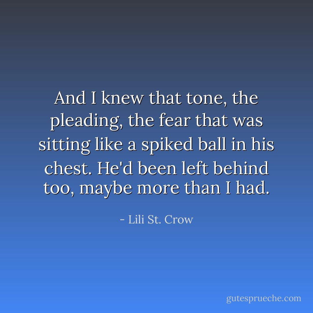 And I knew that tone, the pleading, the fear that was sitting like a spiked ball in his chest. He'd been left behind too, maybe more than I had. - Lili St. Crow