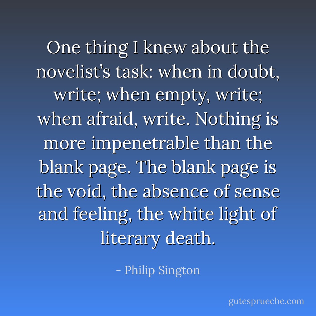 One thing I knew about the novelist’s task: when in doubt, write; when empty, write; when afraid, write. Nothing is more impenetrable than the blank page. The blank page is the void, the absence of sense and feeling, the white light of literary death. - Philip Sington
