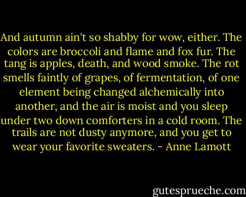 And autumn ain't so shabby for wow, either. The colors are broccoli and flame and fox fur. The tang is apples, death, and wood smoke. The rot smells faintly of grapes, of fermentation, of one element being changed alchemically into another, and the air is moist and you sleep under two down comforters in a cold room. The trails are not dusty anymore, and you get to wear your favorite sweaters. - Anne Lamott
