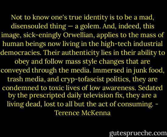 Not to know one's true identity is to be a mad, disensouled thing — a golem. And, indeed, this image, sick-eningly Orwellian, applies to the mass of human beings now living in the high-tech industrial democracies. Their authenticity lies in their ability to obey and follow mass style changes that are conveyed through the media. Immersed in junk food, trash media, and cryp-tofascist politics, they are condemned to toxic lives of low awareness. Sedated by the prescripted daily television fix, they are a living dead, lost to all but the act of consuming. - Terence McKenna