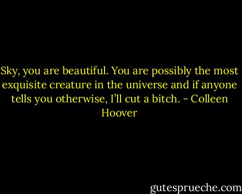 Sky, you are beautiful. You are possibly the most exquisite creature in the universe and if anyone tells you otherwise, I’ll cut a bitch. - Colleen Hoover