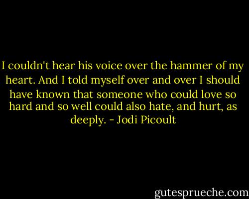 I couldn't hear his voice over the hammer of my heart. And I told myself over and over I should have known that someone who could love so hard and so well could also hate, and hurt, as deeply. - Jodi Picoult
