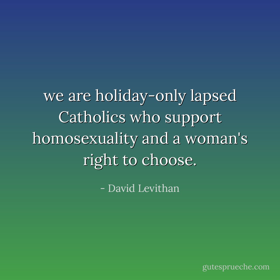 we are holiday-only lapsed Catholics who support homosexuality and a woman's right to choose. - David Levithan