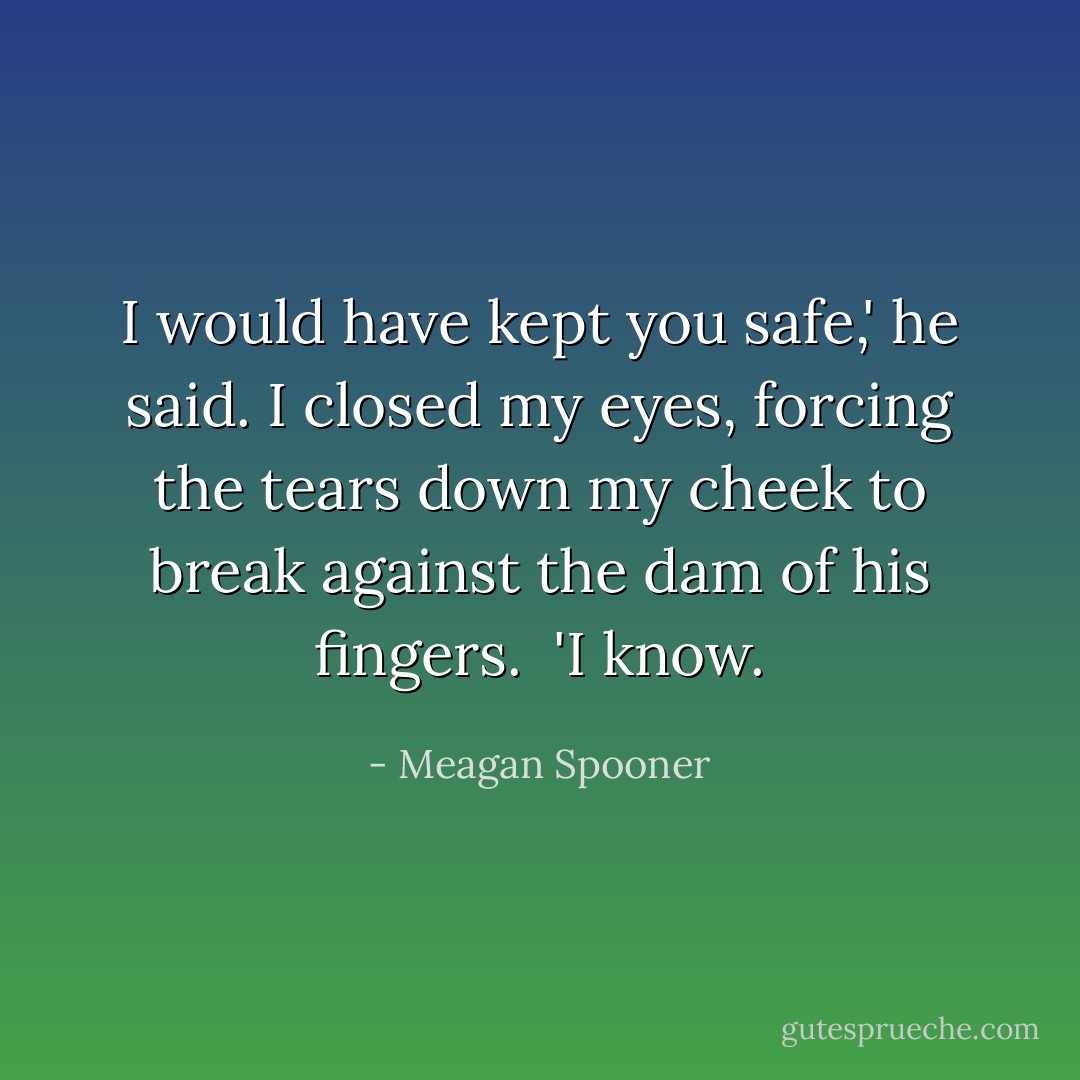 I would have kept you safe,' he said.<br />I closed my eyes, forcing the tears down my cheek to break against the dam of his fingers. <br />'I know. - Meagan Spooner