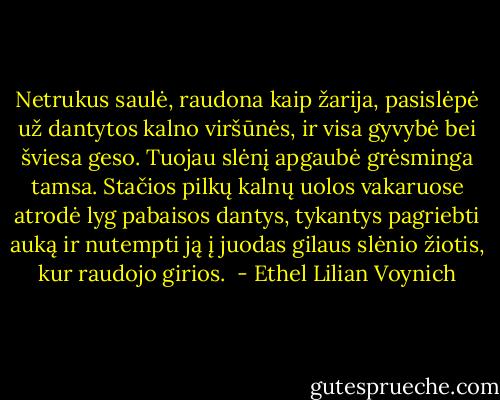 Netrukus saulė, raudona kaip žarija, pasislėpė už dantytos kalno viršūnės, ir visa gyvybė bei šviesa geso. Tuojau slėnį apgaubė grėsminga tamsa. Stačios pilkų kalnų uolos vakaruose atrodė lyg pabaisos dantys, tykantys pagriebti auką ir nutempti ją į juodas gilaus slėnio žiotis, kur raudojo girios.  - Ethel Lilian Voynich