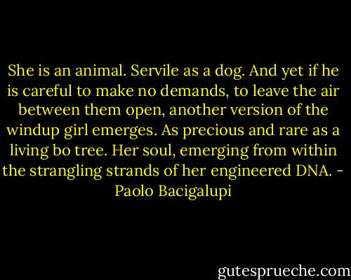 She is an animal. Servile as a dog. And yet if he is careful to make no demands, to leave the air between them open, another version of the windup girl emerges. As precious and rare as a living bo tree. Her soul, emerging from within the strangling strands of her engineered DNA. - Paolo Bacigalupi