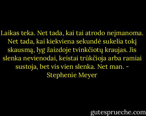 Laikas teka. Net tada, kai tai atrodo neįmanoma. Net tada, kai kiekviena sekundė sukelia tokį skausmą, lyg žaizdoje tvinkčiotų kraujas. Jis slenka nevienodai, keistai trūkčioja arba ramiai sustoja, bet vis vien slenka. Net man. - Stephenie Meyer