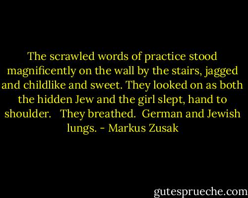 The scrawled words of practice stood magnificently on the wall by the stairs, jagged and childlike and sweet. They looked on as both the hidden Jew and the girl slept, hand to shoulder. <br /><br />They breathed.<br /><br />German and Jewish lungs. - Markus Zusak