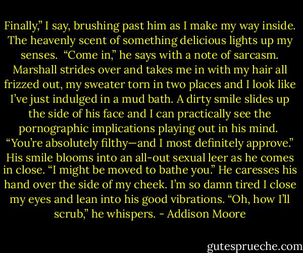 Finally,” I say, brushing past him as I make my way inside. The heavenly scent of something delicious lights up my senses. <br />“Come in,” he says with a note of sarcasm.<br />Marshall strides over and takes me in with my hair all frizzed out, my sweater torn in two places and I look like I’ve just indulged in a mud bath. A dirty smile slides up the side of his face and I can practically see the pornographic implications playing out in his mind. <br />“You’re absolutely filthy—and I most definitely approve.” His smile blooms into an all-out sexual leer as he comes in close. “I might be moved to bathe you.” He caresses his hand over the side of my cheek. I’m so damn tired I close my eyes and lean into his good vibrations. “Oh, how I’ll scrub,” he whispers. - Addison Moore