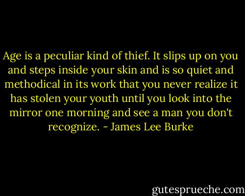 Age is a peculiar kind of thief. It slips up on you and steps inside your skin and is so quiet and methodical in its work that you never realize it has stolen your youth until you look into the mirror one morning and see a man you don't recognize. - James Lee Burke