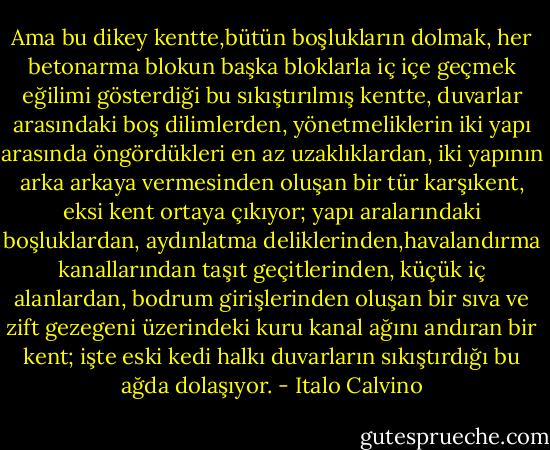 Ama bu dikey kentte,bütün boşlukların dolmak, her betonarma blokun başka bloklarla iç içe geçmek eğilimi gösterdiği bu sıkıştırılmış kentte, duvarlar arasındaki boş dilimlerden, yönetmeliklerin iki yapı arasında öngördükleri en az uzaklıklardan, iki yapının arka arkaya vermesinden oluşan bir tür karşıkent, eksi kent ortaya çıkıyor; yapı aralarındaki boşluklardan, aydınlatma deliklerinden,havalandırma kanallarından taşıt geçitlerinden, küçük iç alanlardan, bodrum girişlerinden oluşan bir sıva ve zift gezegeni üzerindeki kuru kanal ağını andıran bir kent; işte eski kedi halkı duvarların sıkıştırdığı bu ağda dolaşıyor. - Italo Calvino
