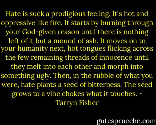 Hate is suck a prodigious feeling. It´s hot and oppressive like fire. It starts by burning through your God-given reason until there is nothing left of it but a mound of ash. It moves on to your humanity next, hot tongues flicking across the few remaining threads of innocence until they melt into each other and morph into something ugly. Then, in the rubble of what you were, hate plants a seed of bitterness. The seed grows to a vine chokes what it touches. - Tarryn Fisher
