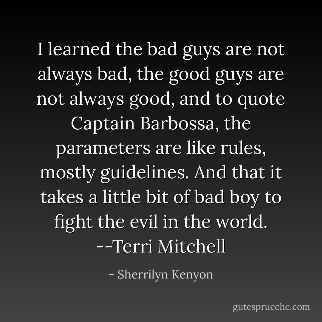 I learned the bad guys are not always bad, the good guys are not always good, and to quote Captain Barbossa, the parameters are like rules, mostly guidelines. And that it takes a little bit of bad boy to fight the evil in the world.<br />--Terri Mitchell - Sherrilyn Kenyon