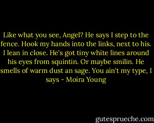 Like what you see, Angel? He says<br />I step to the fence. Hook my hands into the links, next to his. I lean in close. He's got tiny white lines around his eyes from squintin. Or maybe smilin. He smells of warm dust an sage.<br />You ain't my type, I says - Moira Young