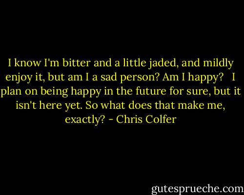 I know I'm bitter and a little jaded, and mildly enjoy it, but am I a sad person? Am I happy? <br /><br />I plan on being happy in the future for sure, but it isn't here yet. So what does that make me, exactly? - Chris Colfer