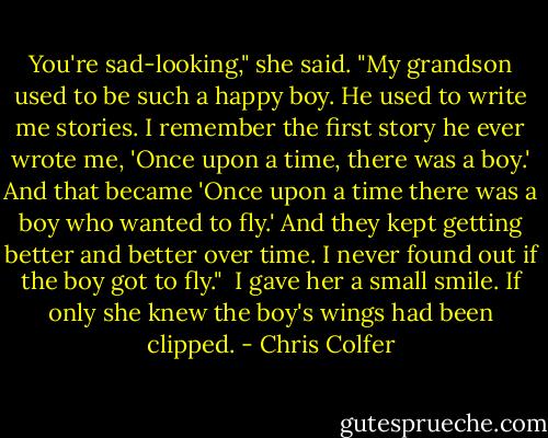 You're sad-looking," she said. "My grandson used to be such a happy boy. He used to write me stories. I remember the first story he ever wrote me, 'Once upon a time, there was a boy.' And that became 'Once upon a time there was a boy who wanted to fly.' And they kept getting better and better over time. I never found out if the boy got to fly."<br /><br />I gave her a small smile. If only she knew the boy's wings had been clipped. - Chris Colfer