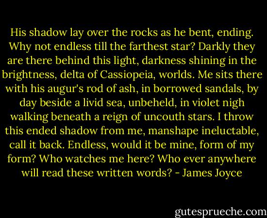 His shadow lay over the rocks as he bent, ending. Why not endless till the farthest star? Darkly they are there behind this light, darkness shining in the brightness, delta of Cassiopeia, worlds. Me sits there with his augur's rod of ash, in borrowed sandals, by day beside a livid sea, unbeheld, in violet nigh walking beneath a reign of uncouth stars. I throw this ended shadow from me, manshape ineluctable, call it back. Endless, would it be mine, form of my form? Who watches me here? Who ever anywhere will read these written words? - James Joyce