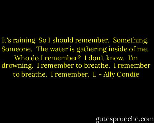 It's raining. So I should remember.<br /><br />Something.<br /><br />Someone.<br /><br />The water is gathering inside of me.<br /><br />Who do I remember?<br /><br />I don't know.<br /><br />I'm drowning.<br /><br />I remember to breathe.<br /><br />I remember to breathe.<br /><br />I remember.<br /><br />I. - Ally Condie