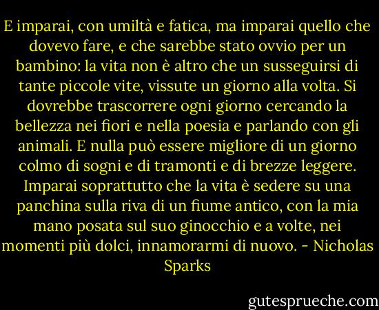 E imparai, con umiltà e fatica, ma imparai quello che dovevo fare, e che sarebbe stato ovvio per un bambino: la vita non è altro che un susseguirsi di tante piccole vite, vissute un giorno alla volta. Si dovrebbe trascorrere ogni giorno cercando la bellezza nei fiori e nella poesia e parlando con gli animali. E nulla può essere migliore di un giorno colmo di sogni e di tramonti e di brezze leggere. Imparai soprattutto che la vita è sedere su una panchina sulla riva di un fiume antico, con la mia mano posata sul suo ginocchio e a volte, nei momenti più dolci, innamorarmi di nuovo. - Nicholas Sparks